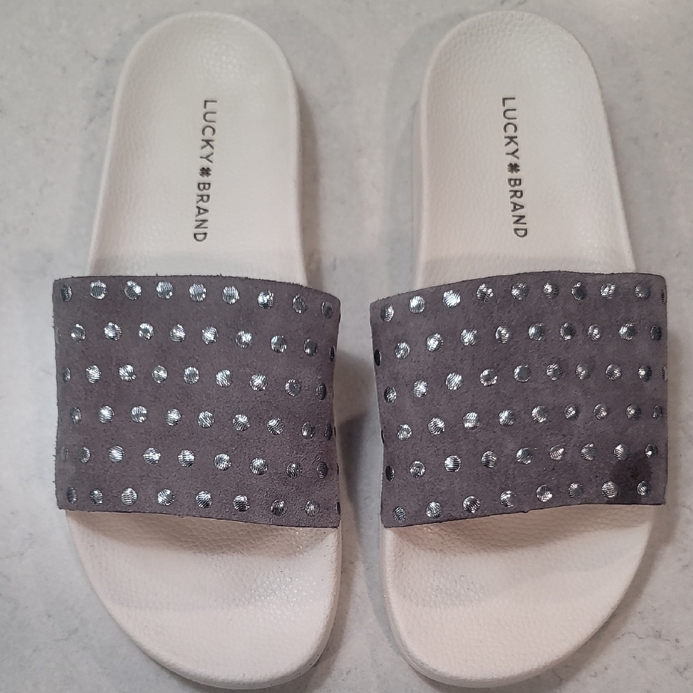 Lucky Brand Studded Gray Slide Sandals